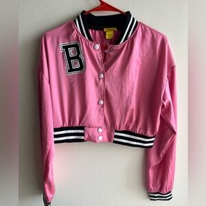 Daisy Pink Varsity-Style Cropped Bomber Jacket with Black Trim Size Large Medium